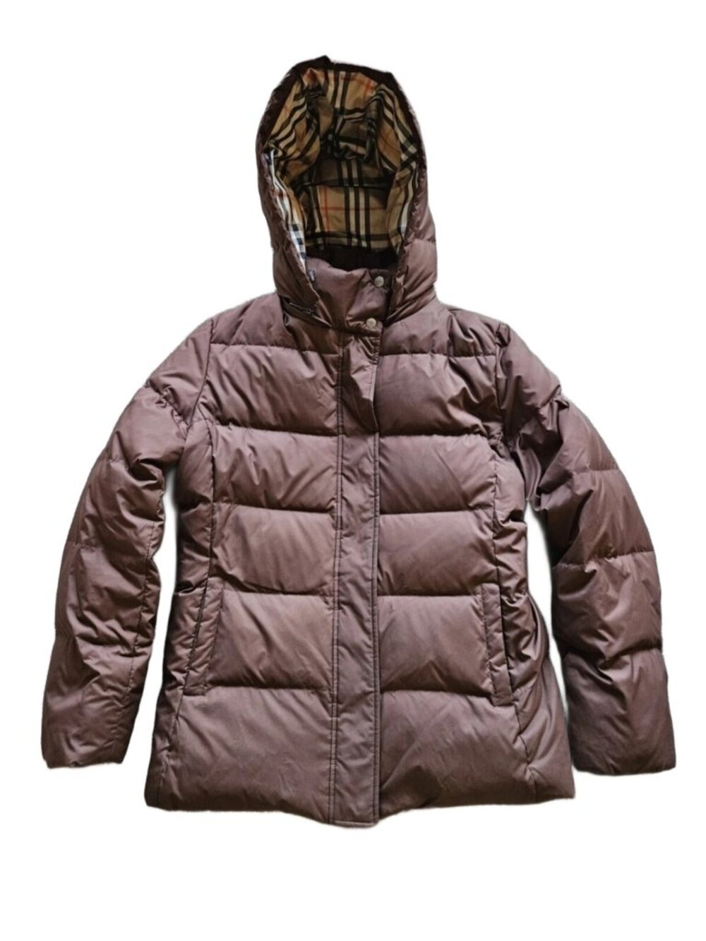 Burberry London Brown Down Puffer Jacket Check Hood Lining XL